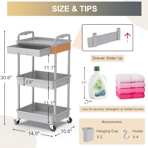Goovilla 3 Tier Rolling Utility Cart Organizer with Removable Drawer, Grey - Image 4