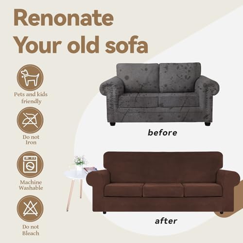 WEERRW Velvet Stretch 3 Pieces Couch Cover for Sofa Washable, Chocolate - Image 5