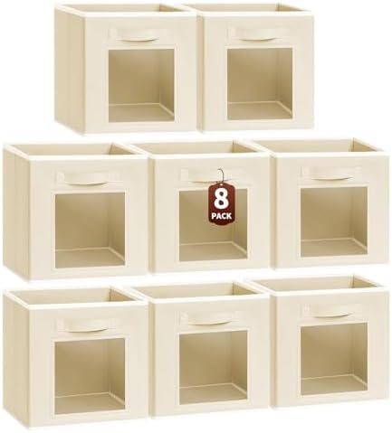 Homsorout Foldable Storage Cubes - Cubby Storage Organizer with Window, Decorative Baskets for Organizing, Fabric Bins for Clothes Storage, Closet Storage Cubes-11inch, Set of 8, Beige by Homsorout