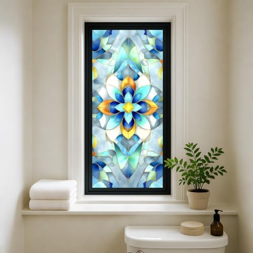 Privacy Window Film 17.5x38.3 Inches, Geometric Stained Glass Decorative Window Sticker, Blue & Green Frosted Glass, Anti-UV, Static Cling for Home, Bathroom, Office (Retro Blue) - Image 5