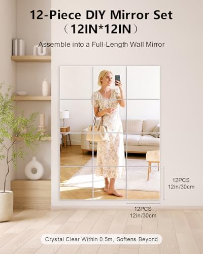 12 Pack Flexible Mirror Sheets 12x12 Inch Self Adhesive Non-Glass Mirror Tiles, Cuttable Shatterproof Acrylic Stickers, Safe Reflective Film for DIY Home Wall Decor Kitchen Bedroom - Image 2