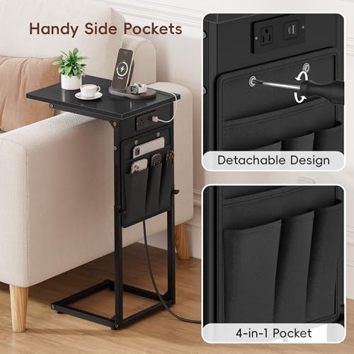 Vagusicc C Shaped End Table with Charging Station, Adjustable Height Side Table for Sofa, Couch Side Table for Small Spaces, Slide Under Sofa TV Tray Snack Arm Tables for Living Room, Bedroom, Black - Image 6