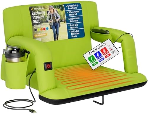 Alpcour Heated Reclining Stadium Seat for Bleachers – Wide Bleacher Chair with Back Support and Cushion, Armrests, Side Pockets, & Hook – Stadium Seats Chairs for Camping, Kayak, Paddle Board & More by Alpcour