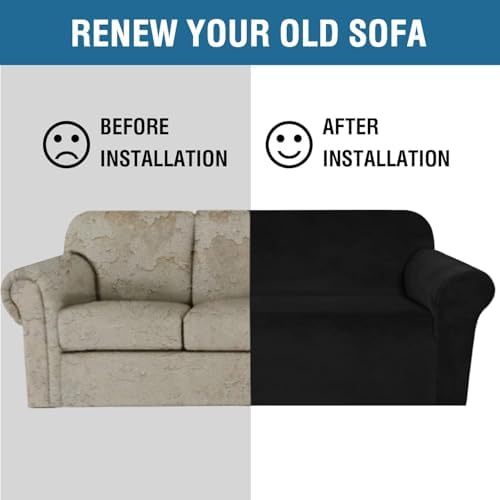 H.VERSAILTEX Stretch Velvet Sofa Covers for 3 Cushion Couch Covers Furniture Protector Soft with Non Slip Elastic Bottom, Crafted from Thick Comfy Rich Velour (Large Sofa 90"-97", Black) - Image 5