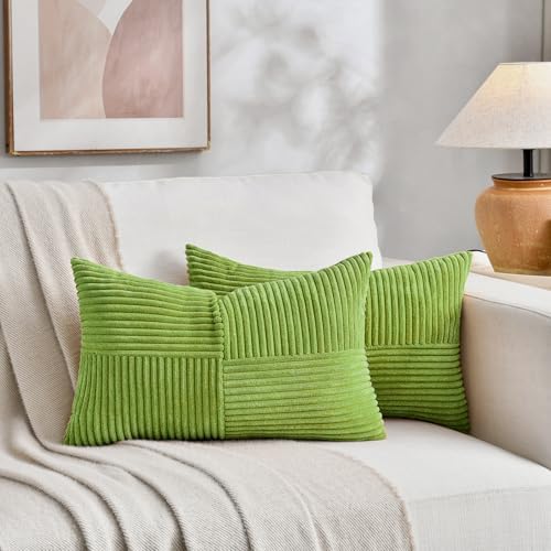 Fancy Homi Set of 2 Lime Green Long Lumbar Decorative Throw Pillow Covers 12x24 Inch for Couch Bed Sofa, Modern Farmhouse Boho Home Decor, Soft Striped Corduroy Rectangle Accent Cushion Case 30x60 cm - Image 5