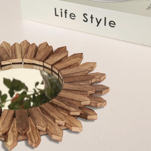 LOSOUR Wall Decor 12 inch Rustic Round Wood Mirror Decorative Boho Sunburst Mirror Boho Home Decor Farmhouse Wall Decor for Bedroom Living Room Entryway - Image 2