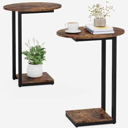 Hosfais Small Side Table Set of 2, C-Shaped Wood Sofa End Table with Metal Frame for Living Room, Bedroom, Small Spaces (Rustic Brown) by HosfaisHome