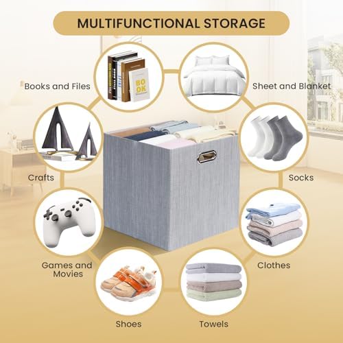 Posprica Storage Cubes, 12×12 Collapsible Storage Basket Bins,Heavy Duty Fabric Containers, 4pcs, Sliver Grey - Image 6