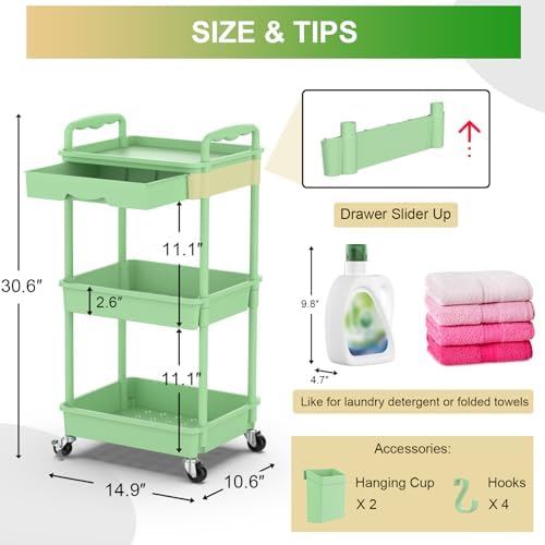 Goovilla 3 Tier Rolling Utility Cart Organizer with Removable Drawer, Green - Image 4