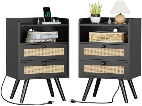 SUPERJARE Night Stand with Charger Station, Boho Rattan Nightstand Set of 2 by SUPERJARE