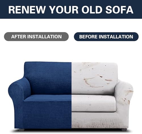 Cupuamon 2026 New Stretch Loveseat Sofa Slipcovers Couch Cover for 2 Cushion Furniture Protector Sofa Covers with Elastic Bottom Jacquard Fabric Small Checks for Pets, Kids - Classic Blue - Image 5
