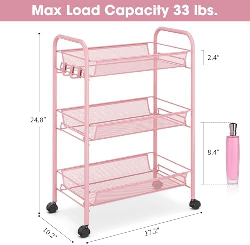 TOOLF 3 Tier Rolling Cart, Metal Utility Storage Cart with Wheels, Pink | 3 Hooks, Screwless Assembly, Trolley Organizer for Bathroom, Kitchen, Office, Nursery, Dorm, Laundry Room - Image 6