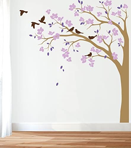 Large Corner Tree Wall Decal with Big Blossoms, Birds and Leaves Nursery Wall Art Sticker Mural 087 (Leaning Left, Light Brown; Lavender; Lilac; Brown) by StudioQueeWallDecals