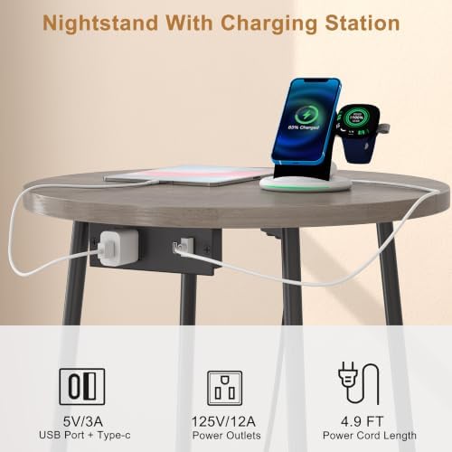 sthmec Small Round Side End Table with Storage and Charging Station, 2 Tier Round Bedside Sofa Couch Coffee Tables with Tray, Metal Nightstand for Small Spaces, Living Room Bedroom, Grey - Image 5