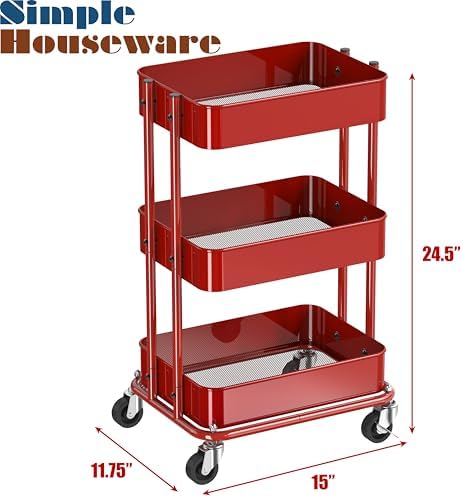 Simple Houseware 3-Tier Utility Cart, Low 24" Height Fits Under Desk, Red - Image 3