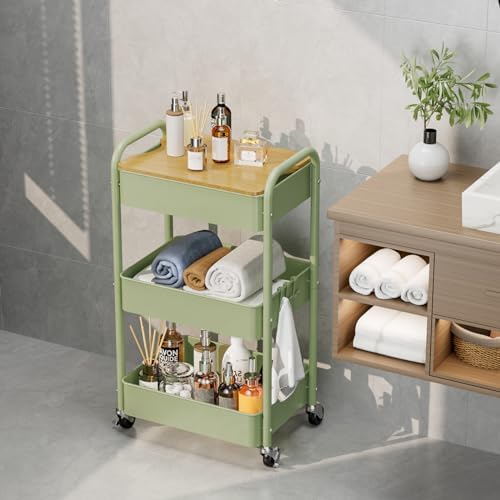 3 Tier Rolling Cart with Table top, Metal Rolling Utility Cart, Sturdy Storage Organizer Cart with Locking Wheels & Hooks for Office, Classroom, Kitchen and Bathroom - Image 7