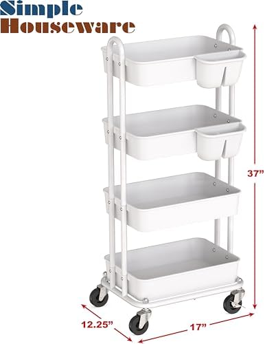Simple Houseware 4-Tier Rolling Utility Cart with Hanging Bucket, White - Image 6