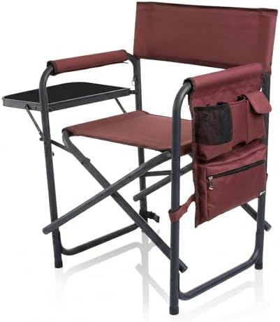 Picnic TIME Sports Chair with Side Table and Armrest Caddy, Lightweight Aluminum Folding Outdoor Camping Chair for Adults, Portable Director Style Lawn Seating with Pockets & Carry Strap, (Burgundy) by PicnicTimeFamilyofBrands