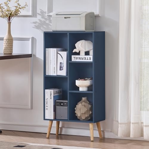 LEYAOYAO 5 Cube Bookshelf,Mid-Century Modern Book Shelf with Legs,Dark Blue - Image 3