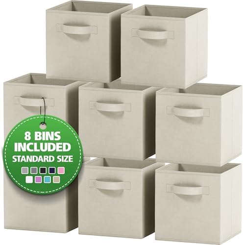 Set of 8 Foldable Fabric Storage Cube Bins | Collapsible Cloth Organizer Baskets Containers | Folding Nursery Closet Drawer | Features Dual Handles | More Beautiful Colors Available (Beige) by Royexe+Home
