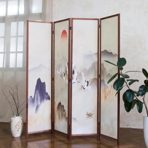 4 Panel Room Divider, 5.6 ft Tall Blackout Folding Privacy Screen - Double-Sided Freestanding Partition Wall with Different Patterns, Chic Scenery Artwork for Home & Office (67" H x 63" W) by PawlaBay