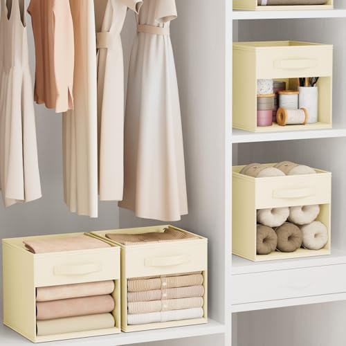 DIMJ Cube Storage Bin, 6 Packs Collapsible Storage Bins with Handles, Fabric Bins for Organization, Cube Storage Organizer Bins for Closet Organization and Storage, Beige - Image 5