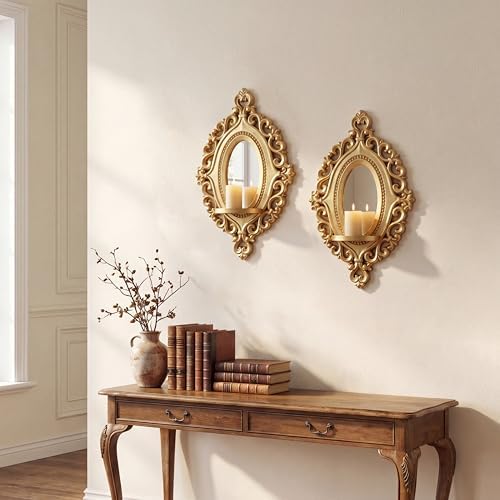 2 Set Vintage Candle Wall Sconce for Home Decor Living Room Bedroom Office Wood Antique Mirrored Victorian Mounted Candlestick Wall Holder Relief Hanging Decor -Gold 11.8in by sxnzequnze