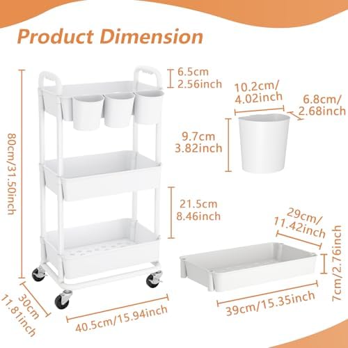 JIUYOTREE 3-Tier Plastic Rolling Storage Cart Utility Cart with Extra Hanging Cups Handles Lockable Wheels for Living Room Bathroom Kitchen Office White - Image 3