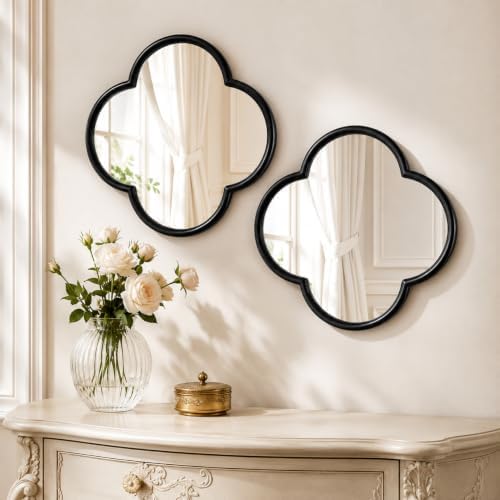 2 PCS Clover Mirror Wall Decor, Metal Framed Glass Mirror Tiles, Lucky Four Leaf Clover Design Decorative Mirrors for Home Office, Dorm, Hallway, DIY Wall Art Mirror Set by OPULINEA