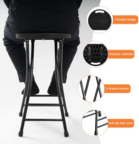 LEDLAY24 Inch Folding Stool with Handle - 500LBS Capacity Portable Foldable Stool with Non-Slip Feet, Heavy-Duty Steel & Plastic Collapsible Stool for Indoor Outdoor Use, Black - Image 4