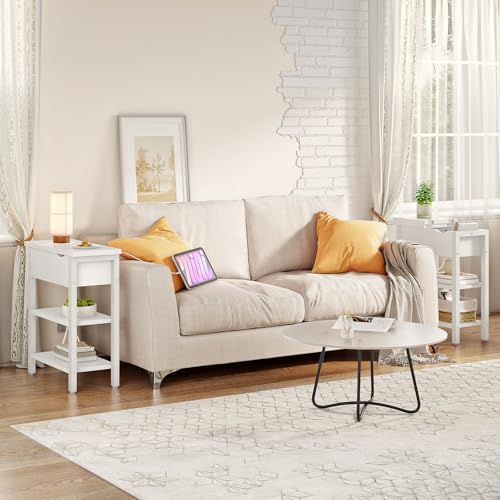 HOOBRO End Table with Charging Station, Narrow Side Table, Flip Top Nightstand with USB Ports and Outlets, Bedside Tables with Shelf for Small Spaces, Living Room, White WT341BZ01 - Image 5