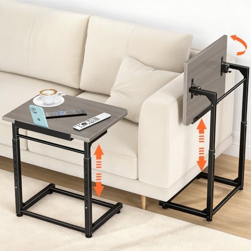 Tv Tray Table Set of 2, 8-Level Adjustable Height Couch Side Table，90° Tilt Angle Adjustments C-Shaped End Table, with Phone & Tablet Slot Computer Desk for Sofa, Bed, Chair, Living Room（Lvory Gray） by Dataroad+Selead