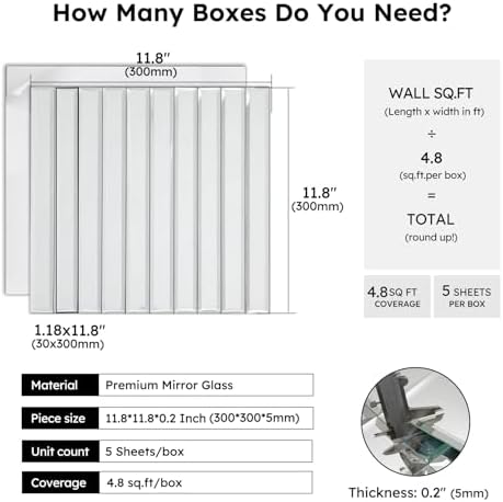 Diflart Mirror Peel and Stick Tile, 1.8 x 11.8 Inch, Beveled Mirror Strip Backsplash Tiles for Kitchen Bathroom Bar Accent Wall, Pack of 5 Sheets (Silver, 1.18x11.8 Inch) - Image 3