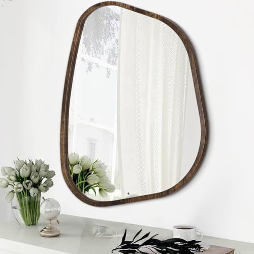 Asymmetrical Accent Mirror for Wall Irregular Oval Wood Frame Modern Unique Wall Mirror Decorative Boho Vanity Bathroom Living Room Bedroom Entryway Hallway Artistic Wavy Mirror Large 26"x18" by HLFMVWE