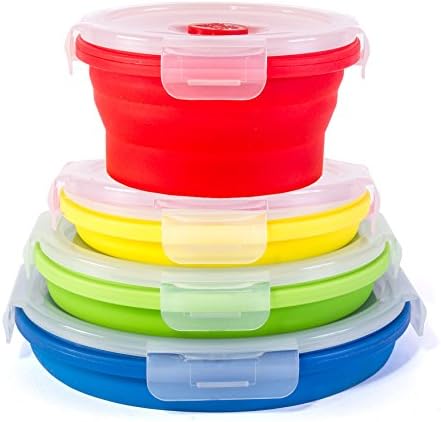 Thin Bins Collapsible Containers Set of 4 Round Silicone Food Storage Containers BPA Free, Microwave, Dishwasher and Freezer Safe - No more cluttered container cabinet! SC-149A by Kitchen+%2B+Home