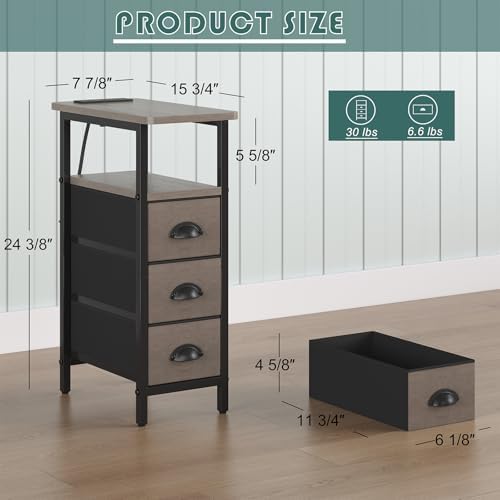 shtmec Narrow End Table Set of 2 with Charging Station, Side Tables Set 2 with Fabric Drawers, Small Bedside Tables Nightstands for Small Space, Slim Sofa Couch Table for Livingroom, Grey - Image 3