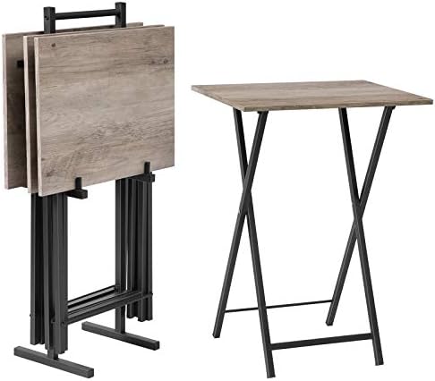HOOBRO Folding TV Tray Tables, Set of 4 TV Trays with Storage Rack, Industrial Side Table for Eating at Couch, Foldable Snack Table for Small Space, Easy Assembly, Greige and Black BG50BZ01 by HOOBRO
