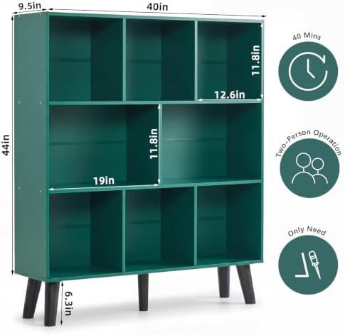 YAHARBO 8 Cube Bookshelf,3 Tier Bookcase with Legs,Dark Green Mid-Century Modern Bookshelves,Large Free Standing Open Storage Organizer Shelf,Tall Wooden Book Case Furniture for Bedroom,Living Room - Image 2