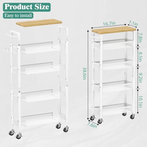 Giwil Slim Storage Cart 5 Tier Narrow Kitchen Rolling Cart on Wheels for Small Space, Metal Utility Cart Narrow Bathroom Storage Cabinet Mobile Shelf Unit Organizer with Wood Top and Handle, White - Image 6