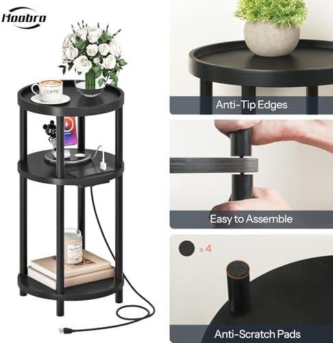 HOOBRO Set of 2 Small Round Side Tables with Charging Station, 3-Tier Round Bamboo End Tables, Easy Assembly, for Living Room, Bedroom, Apartment, Black BB152UBZP201 - Image 7