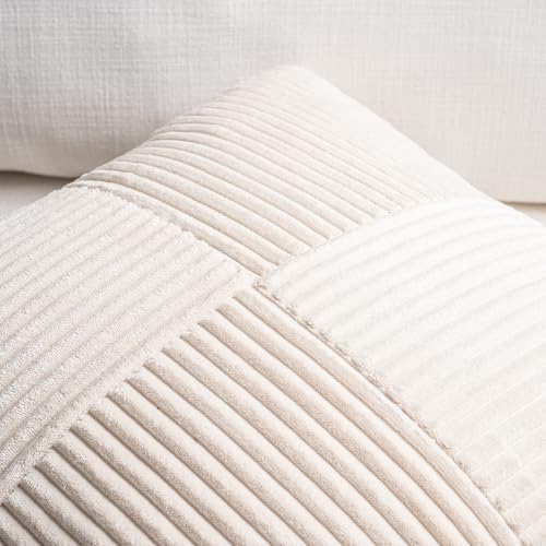 Fancy Homi Set of 2 Cream Boho Long Lumbar Body Decorative Throw Pillow Cover 14x36 Inch for Bed Couch Bedroom Bench, Soft Patchwork Corduroy Textured Pillow Case, Rustic Farmhouse Room Décor - Image 3