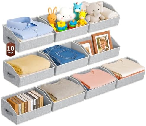 Homsorout Large Closet Organizers and Storage Bins - 10 Pack Trapezoid Storage Baskets for Shelves, Foldable Fabric Baskets with Handles Ideal for Closet, Basket, Wardrobe and Shelf Storage,Light Grey by Homsorout