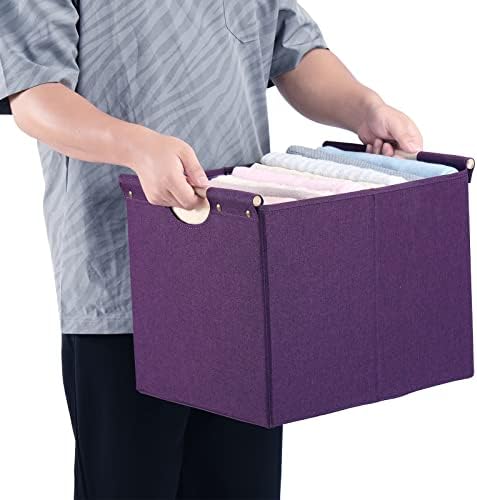 HOONEX Large Collapsible Storage Bins, Linen Fabric, Pack of 2, Storage Baskets with Wooden Carry Handles and Sturdy Heavy Cardboard, for Home, Office, Car, Nursery, Dark Purple - Image 6