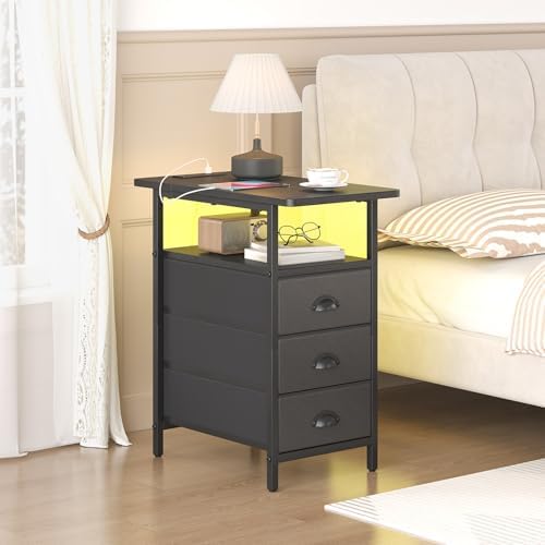 sthmec End Table with Charging Station,LED Side Tables with USB Ports and Outlets,Narrow Nightstands Bedside Tables with 3 Drawers PU Finish for Small Space,Slim Sofa Table for Livingroom,Black - Image 7