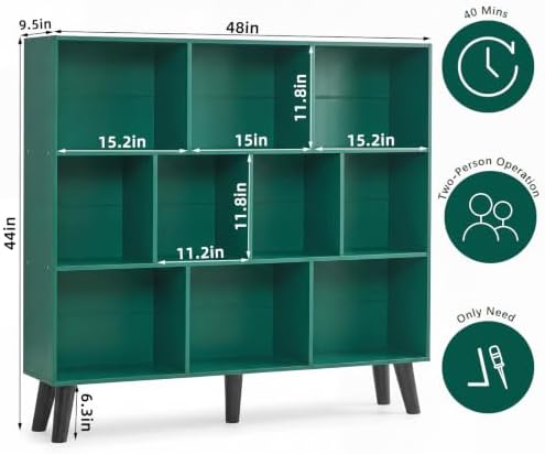 YAHARBO 10 Cube Bookshelf,3 Tier Bookcase with Legs,Dark Green Mid-Century Modern Bookshelves,Large Free Standing Open Storage Organizer Shelf,Tall Wooden Book Case Furniture for Bedroom,Living Room - Image 2