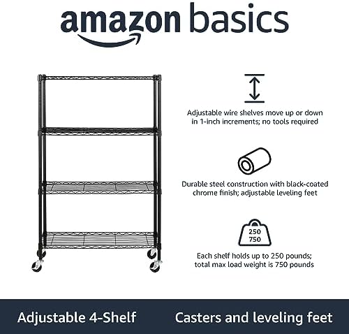 Amazon Basics 4-Shelf Heavy Duty Garage Shelving Storage Unit on 3" Wheel Casters, Adjustable Metal Wire Rack with Leveling Feet, 36" x 14" x 57.75", Black - Image 4
