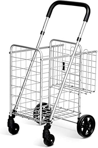 ARLIME Folding Shopping Cart, Double Basket Supermarket Cart with Adjustable Wide Cushion Handle Bar and Swivel Wheels, Suitable for Grocery Book Luggage Travel Laundry, Large Utility Carts (Silver) - Image 2