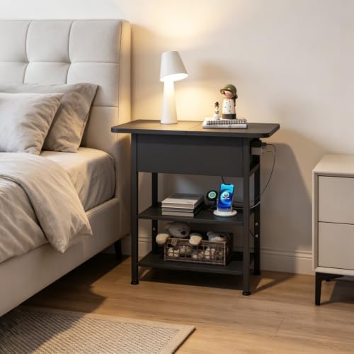 WLIVE 3-Tier End Table with Charging Station Flip Top Narrow Nightstand - Image 4