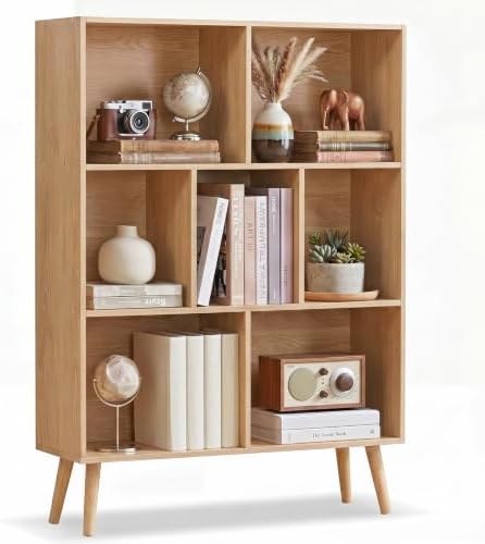 YAHARBO Natural Bookshelf,3 Tier Book Shelf with Legs, 7 Cube Minimalist Bookcase,Storage Organizer Shelves Display Bookcases for Bedroom,Living Room by YAHARBO
