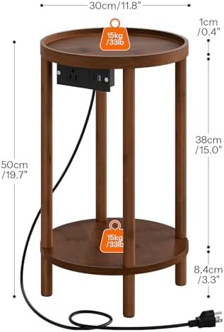 HOOBRO Small Round Side Table with Charging Station, 2-Tier Round Bamboo End Table, Compact Sofa Bedside Table for Small Space, Easy Assembly, for Living Room, Bedroom, Apartment, Mocha MA156UBZ01 - Image 3